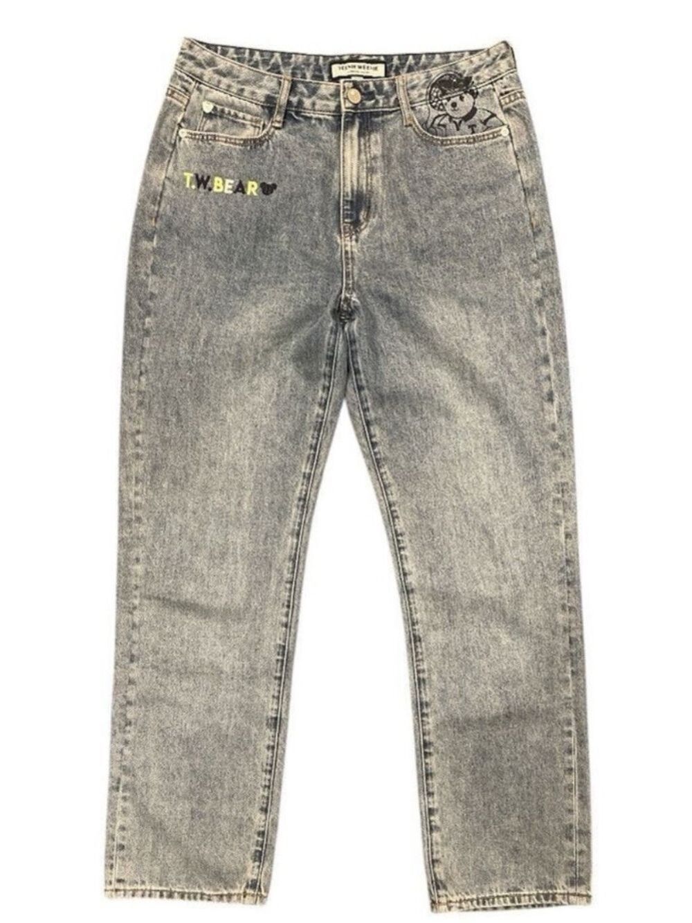 Teenie Weenie W30 High Rise Mom Jeans Teddy Bear Embroidered Light Wash